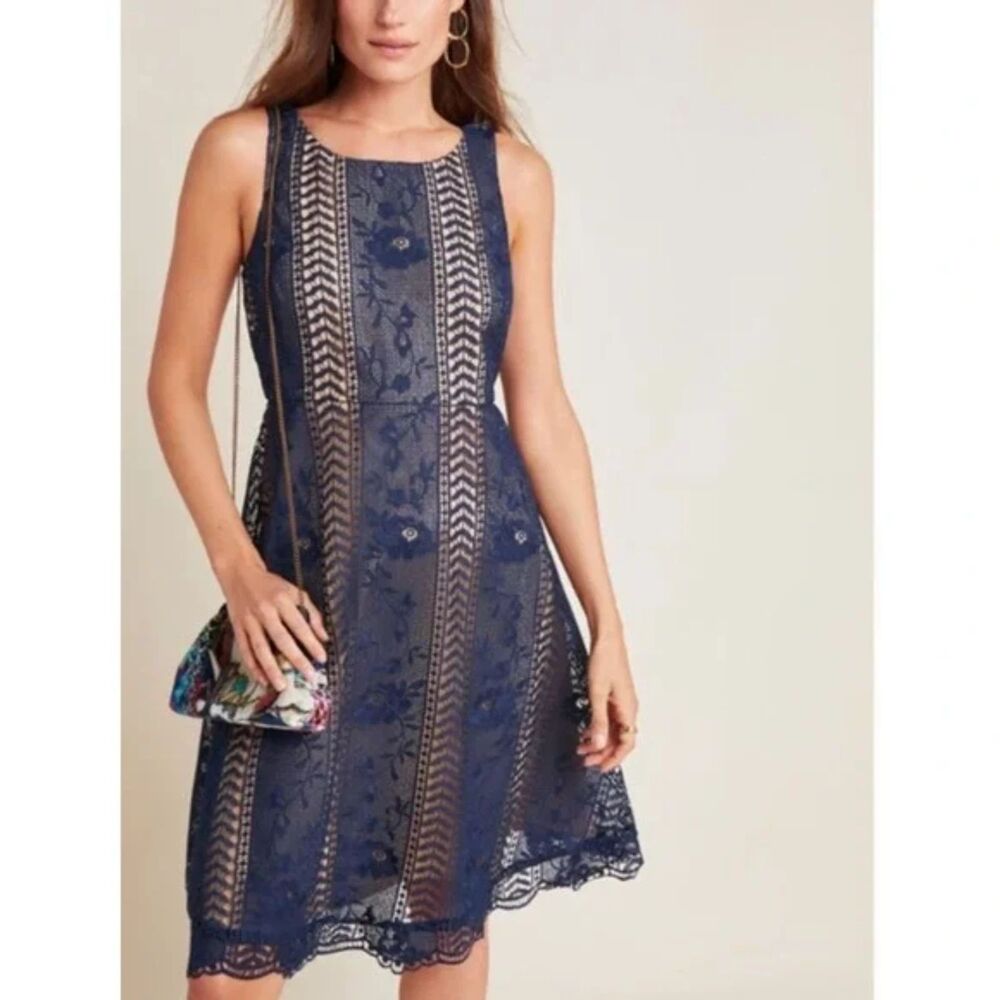 Anthropologie Georgina Lace Skater Mini Dress, Navy Blue, Size 8